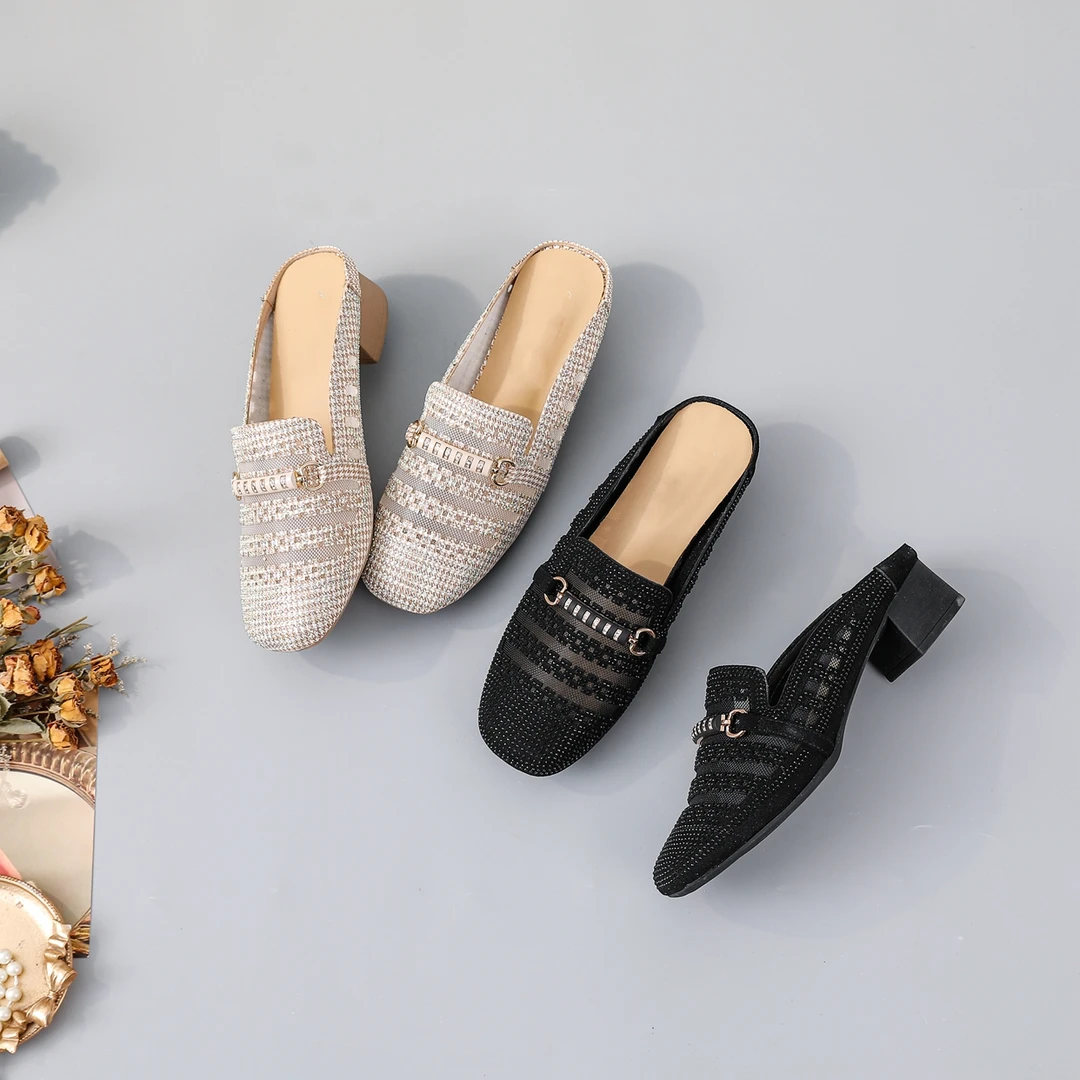 网面透气包头拖鞋女镂空设计中跟粗跟时尚百搭凉拖鞋5119半拖夏季