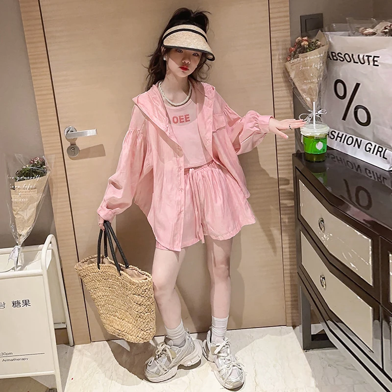 女童夏季防晒服外套短裤夏款套装2025新款中大童时髦洋气儿童夏装