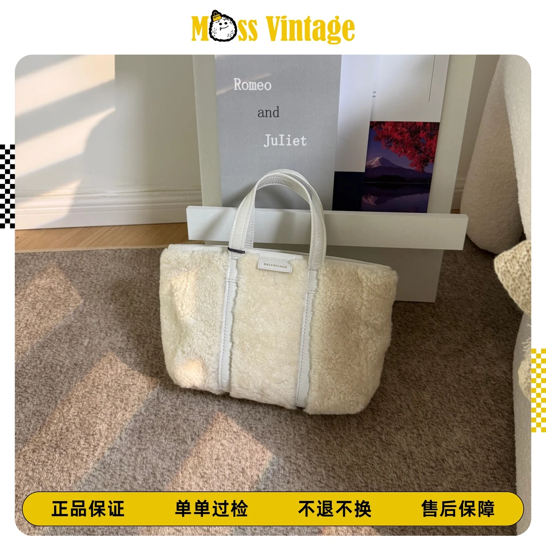 95新 Balenciaga/巴黎世家 MOSS-白色羊羔毛托特单肩包/00586