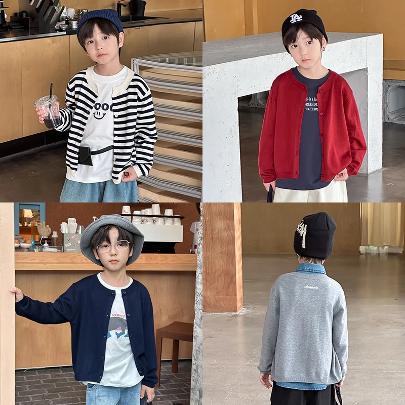 【依妈家】新品秋款儿童包芯纱刺绣字母毛衣外套男女童开衫25F079