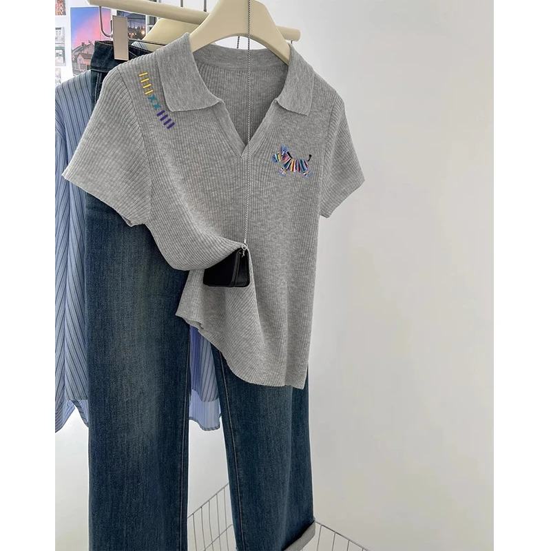 大码polo领彩虹小马刺绣正肩显瘦针织短袖t恤女夏季薄款灰色上衣