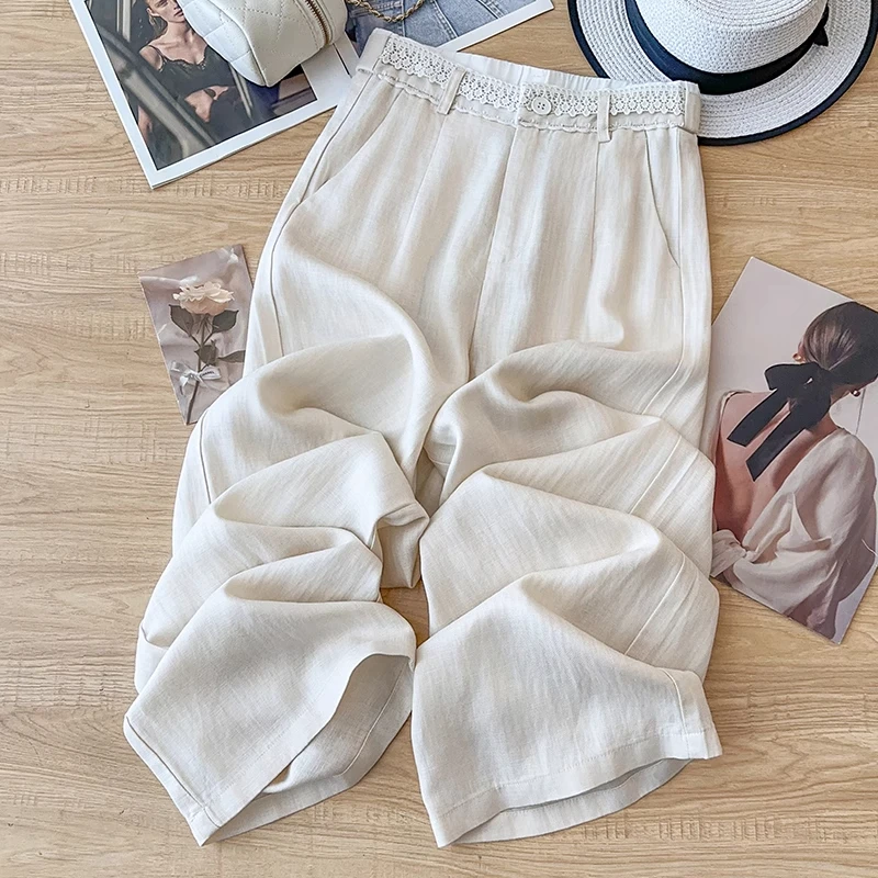 拉夏贝尔蕾丝宽松休闲裤女夏季2025新款复古小个子阔腿垂感直筒裤