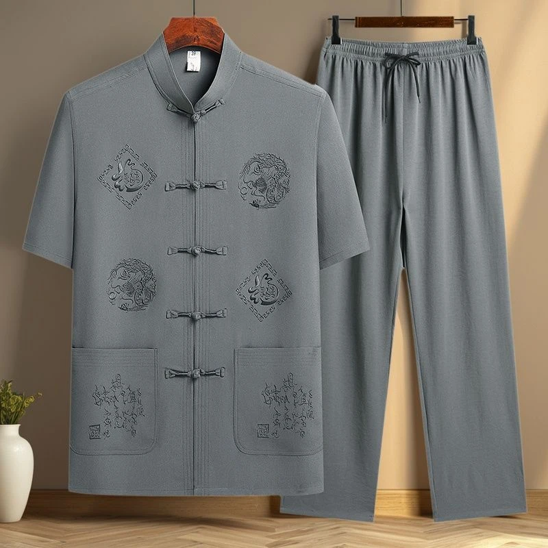 唐装男冰丝短袖套装夏季立领中国风刺绣中老年爷爷衬衣爸爸装汉服