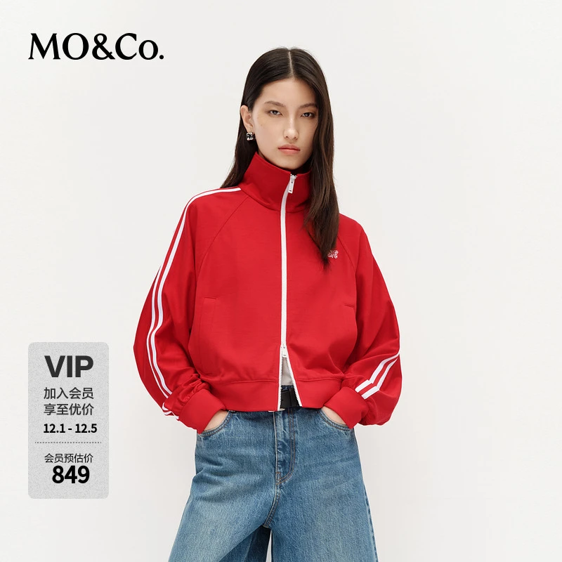 MOCO夹克外套2025春新品复古运动撞色边短款双开头拉链MBE1JKTT07