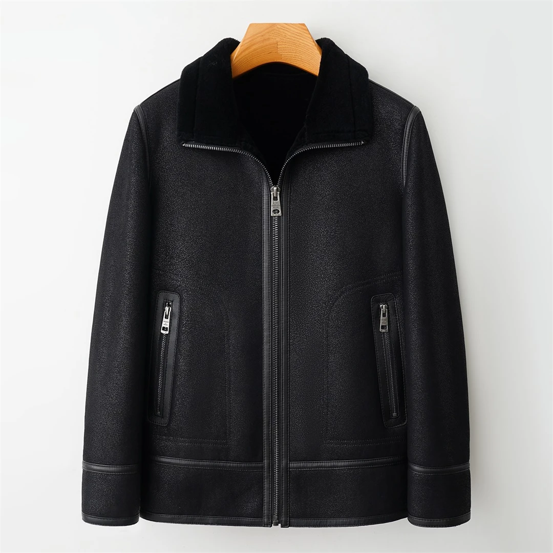 2025年新款欧货 真皮 真毛男士冬季保暖时尚休闲立领夹克羊毛外套