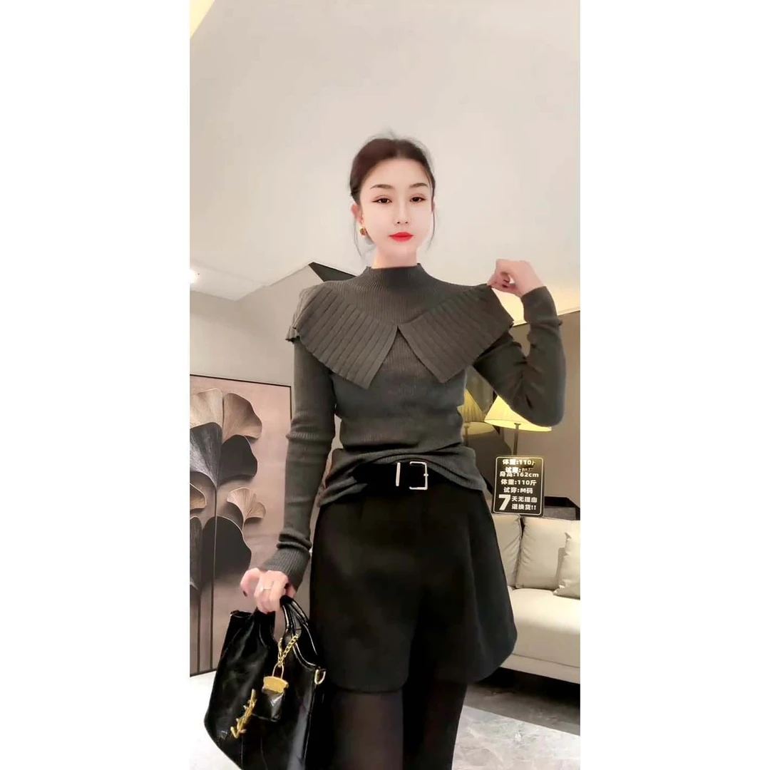 2025秋冬新款时尚百搭荷叶边披肩拼接长袖针织衫