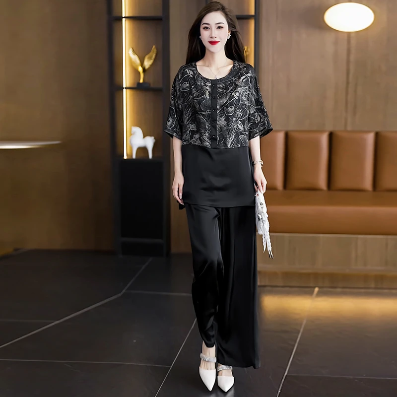 轻奢风洋气妈妈装2025夏季新款休闲圆领短袖上衣+阔腿裤气质套装