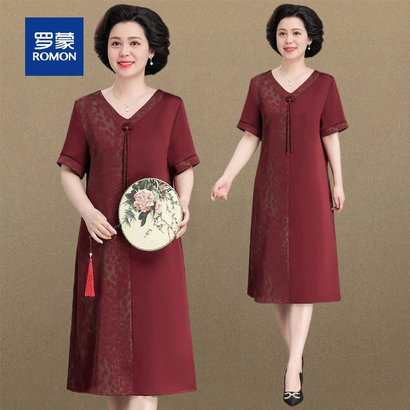 罗蒙时尚阔太太优雅中式连衣裙夏装中老年人妈妈装气质V领中长裙