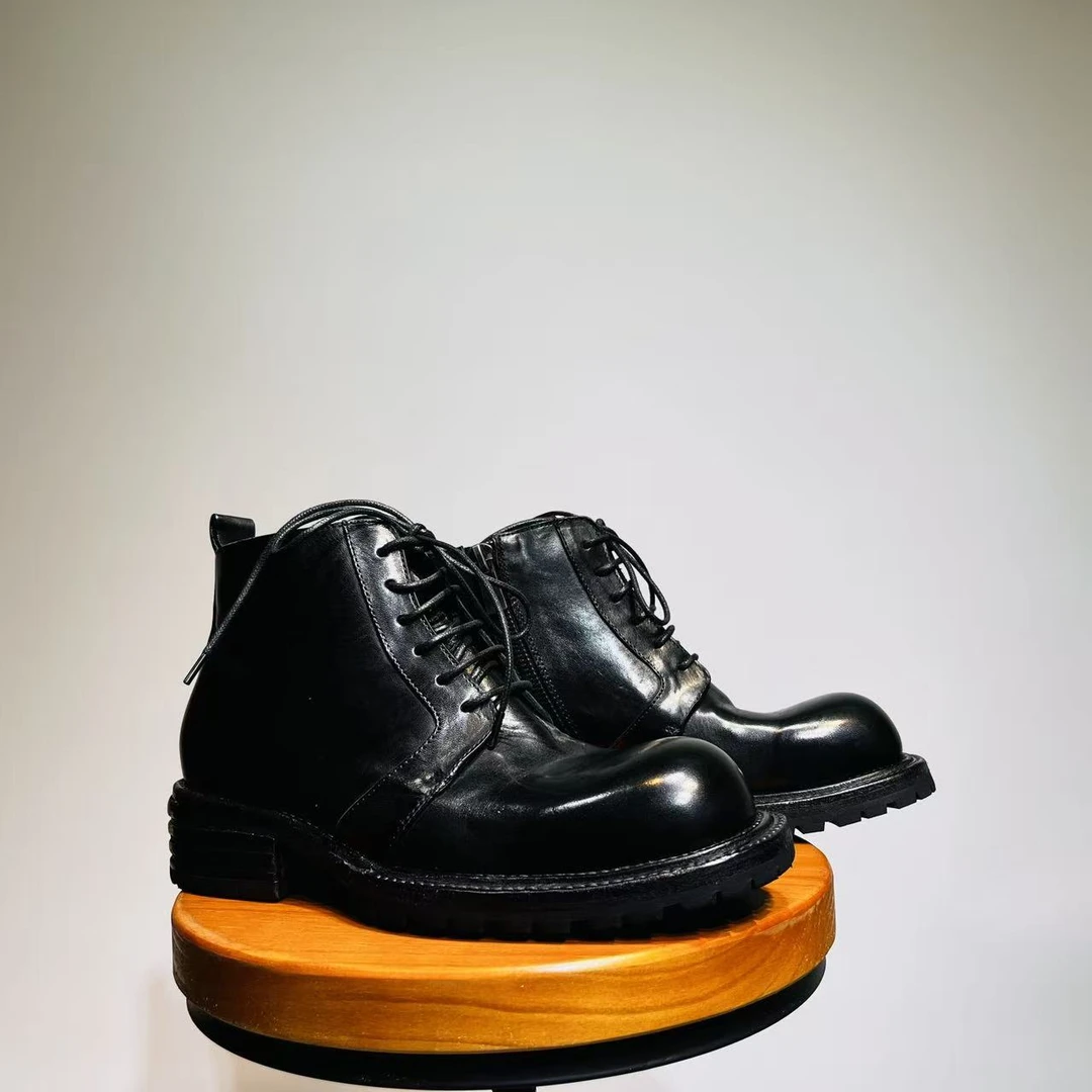 车缝线做旧马丁靴高帮休闲增高系带薄款固特异靴子男真皮高帮鞋靴