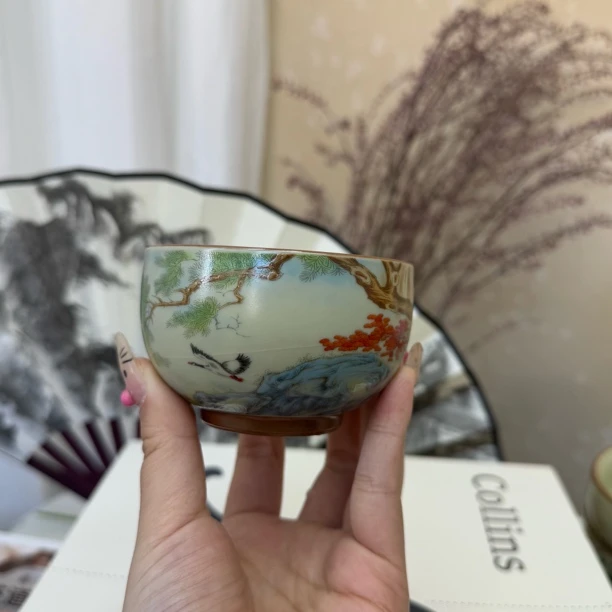 岑汝禅定大雁山水主人杯开片150cc