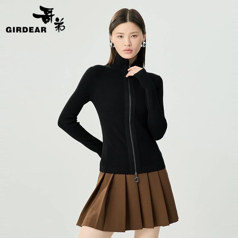 哥弟春夏百搭竖坑条双头拉链高领运动休闲黑色长袖针织衫148019