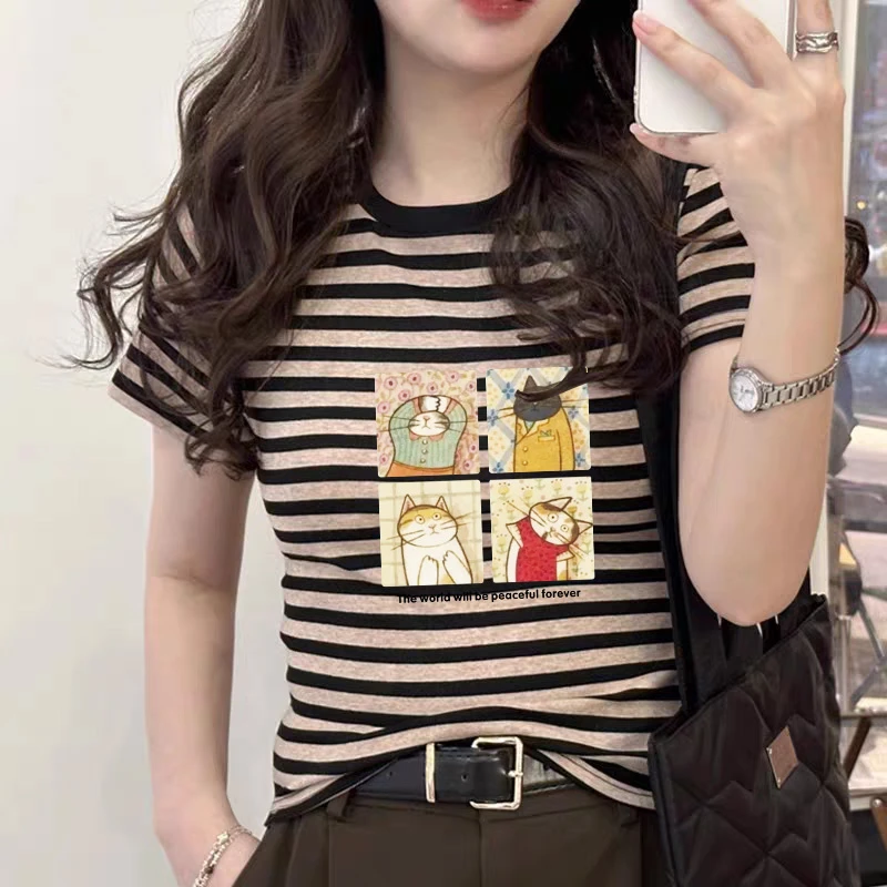 小众设计感正肩条纹短袖t恤女时尚百搭洋气减龄上衣打底衫2025夏