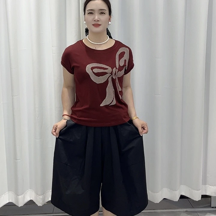 圆领蝴蝶结印花短袖半高领T恤春夏休闲气质极简风
