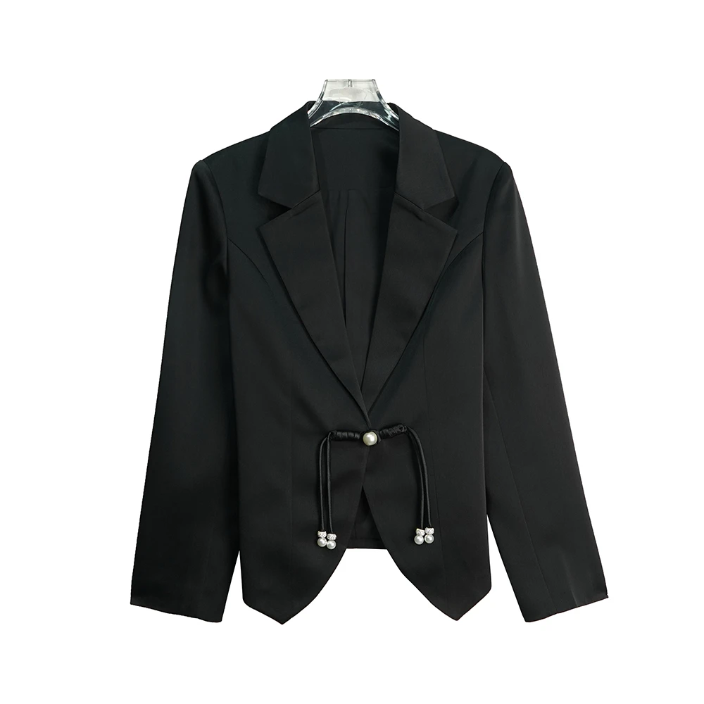 X26100中式缎面珍珠盘扣v领短款修身显瘦气质外套