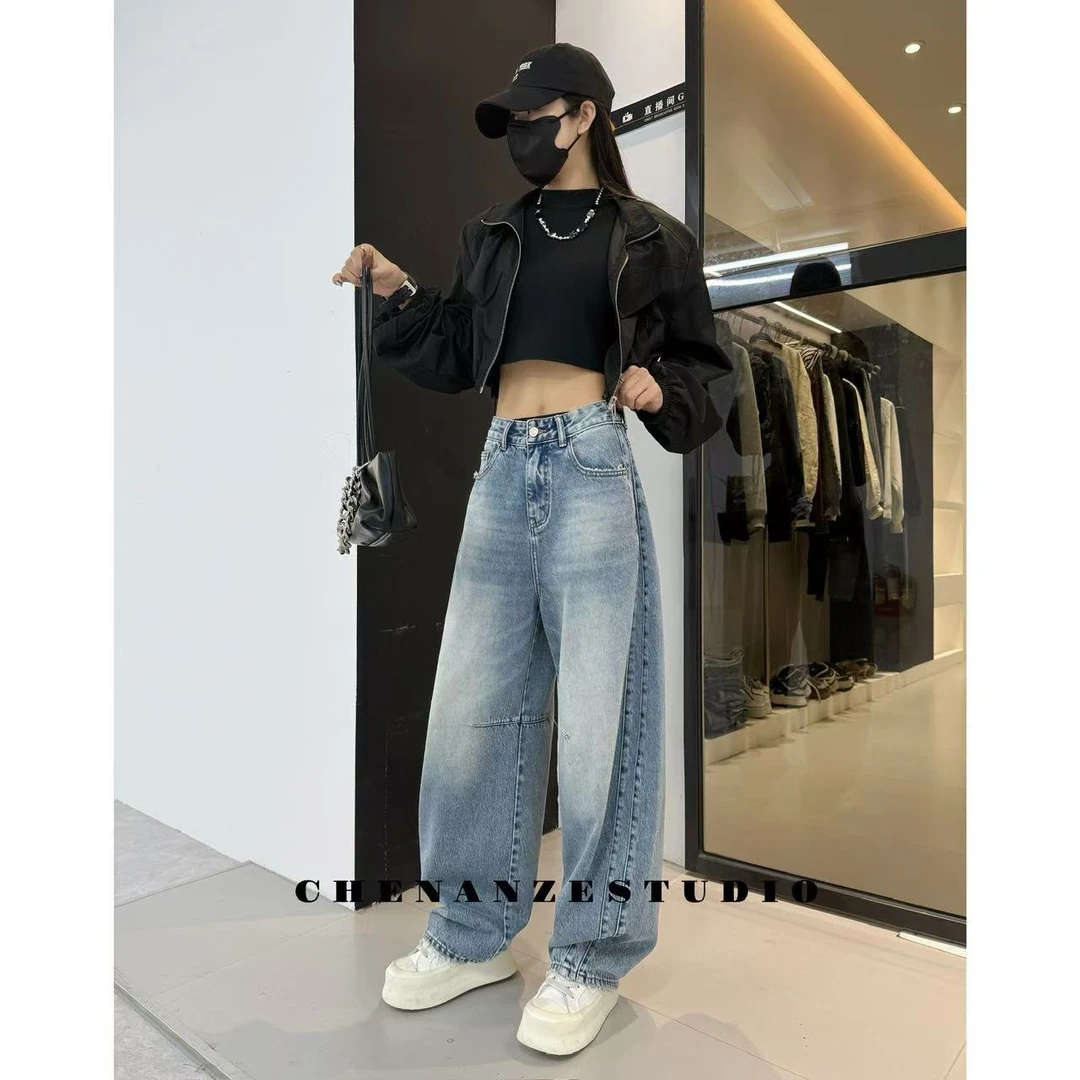 TT原创-EZ8501-早春新款中高腰复古蓝色宽松慵懒牛仔老爹裤弯刀裤