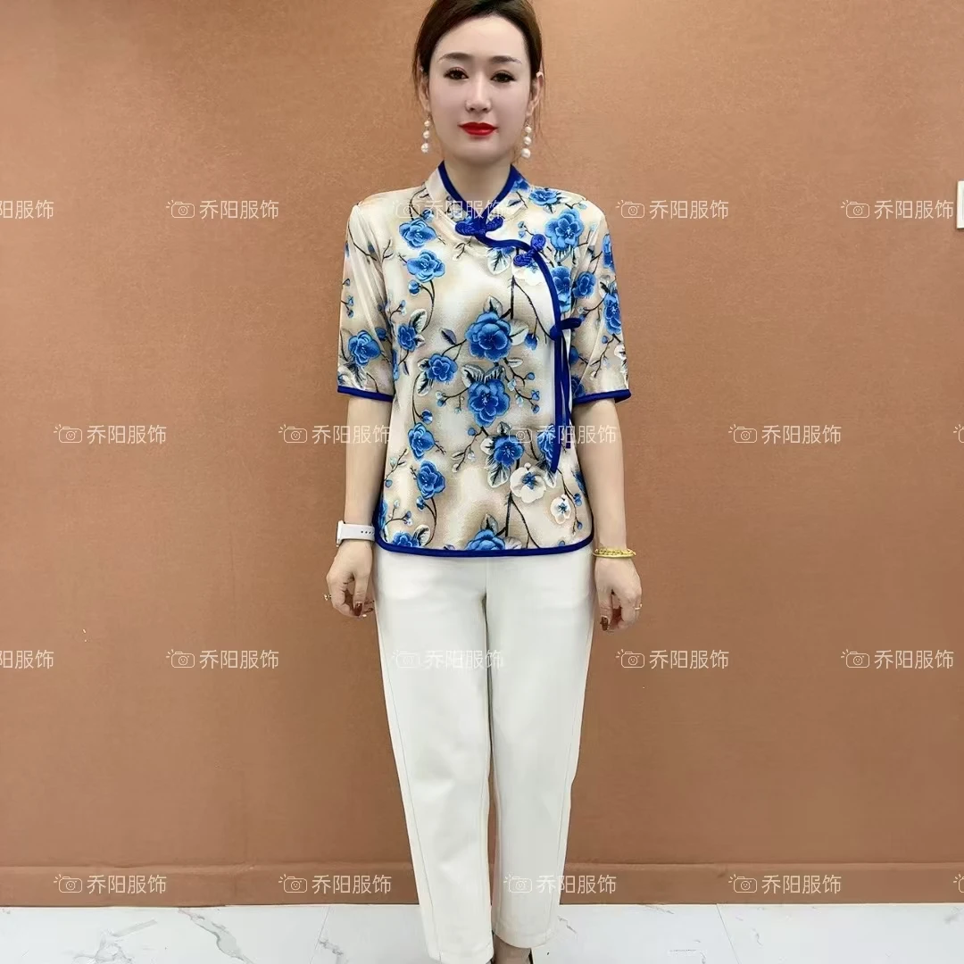 新款立领高贵妈妈装气质显瘦盘扣改良短袖旗袍中老年人妈妈装夏装