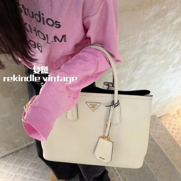 95新 Prada/普拉达 复燃精选/白色中号doublebag手提包