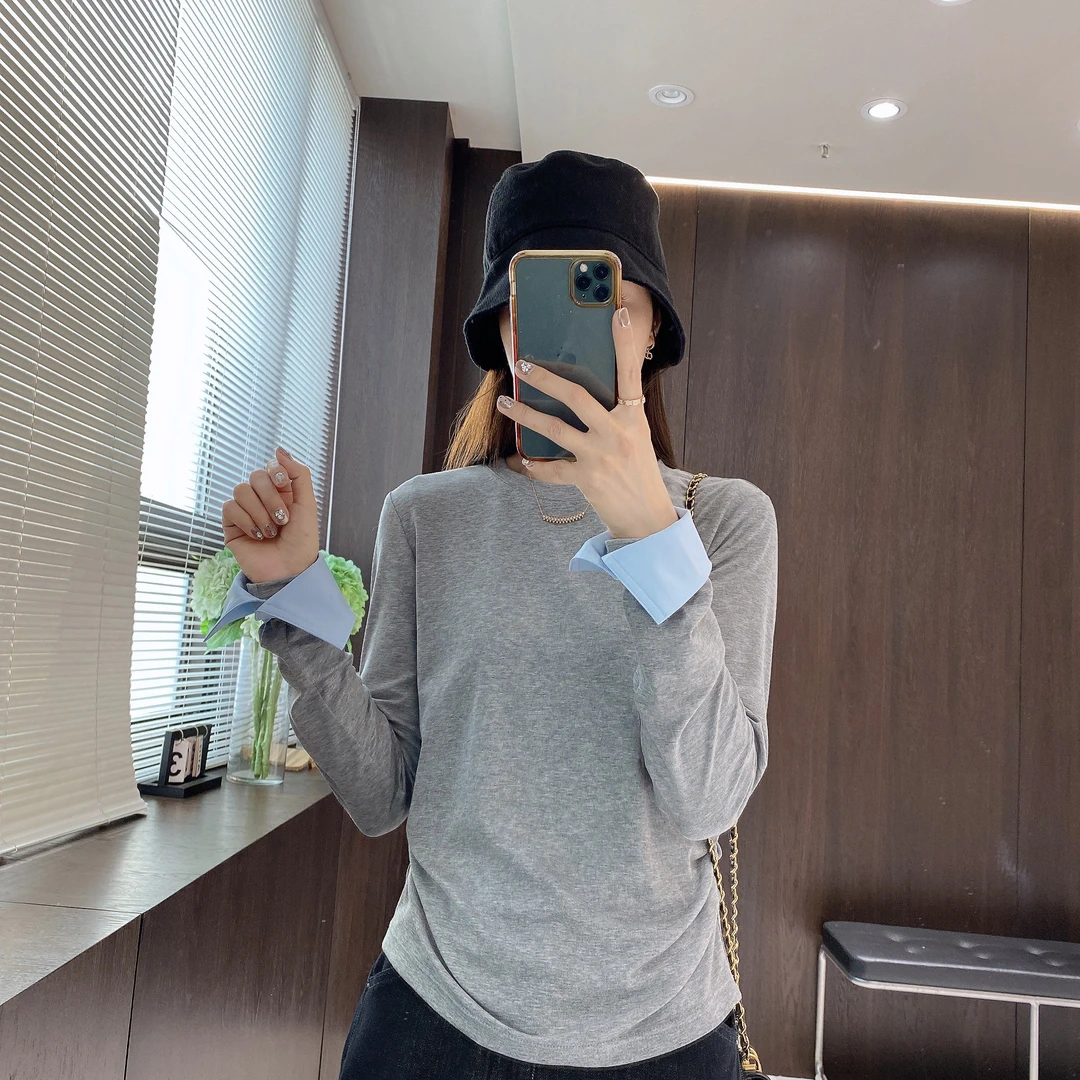 IMFLY金小金自制女装 莱赛尔T恤DYW8269早春时髦抽褶拼接袖打底衫