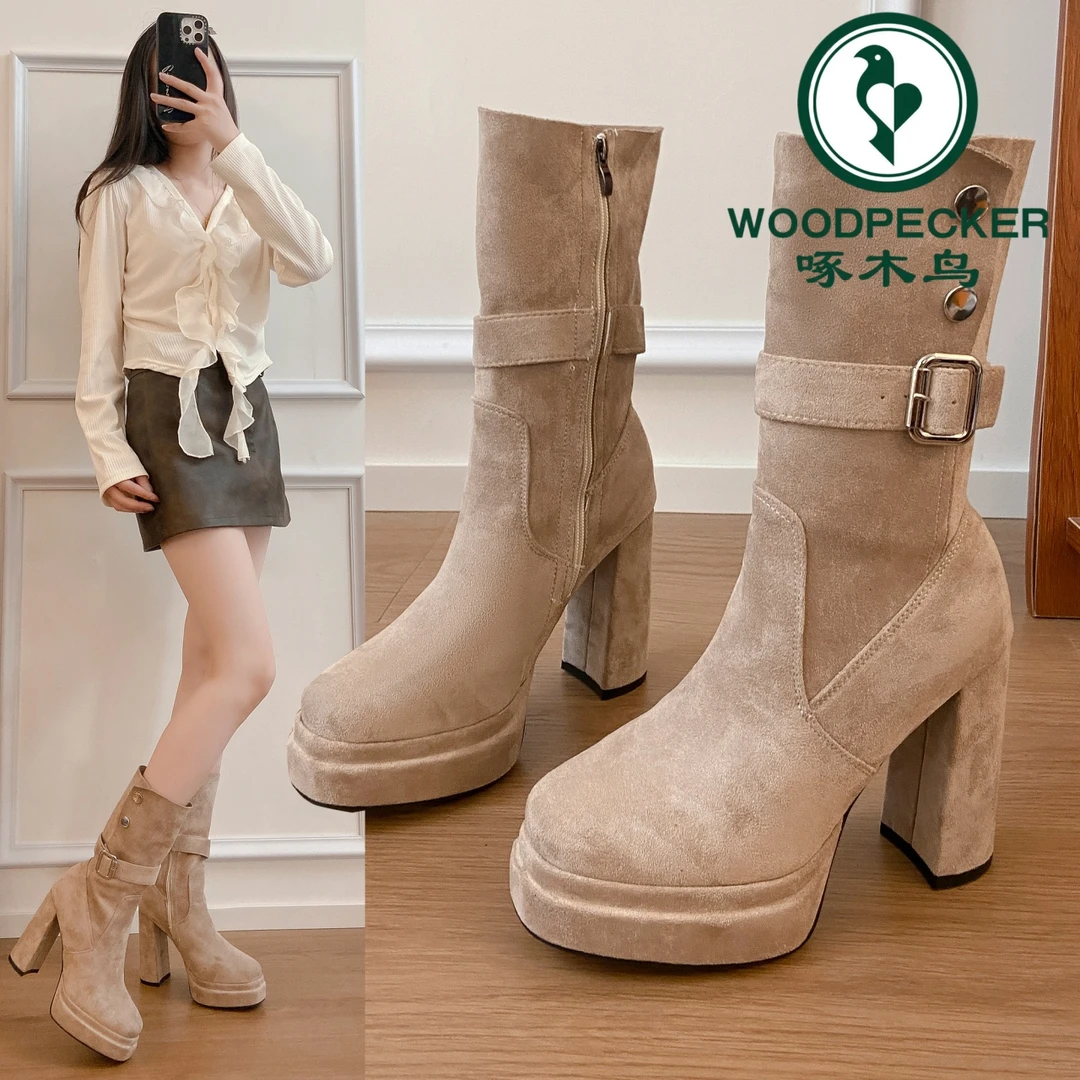 啄木鸟小个子厚底粗跟短靴女2025秋新款复古绒面超高跟弹力瘦瘦靴