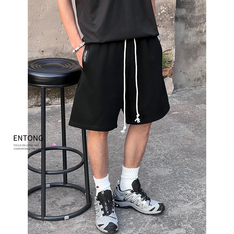 Entong美式街头复古抽绳阔腿宽松夏季薄款五分休闲短裤男直筒裤子