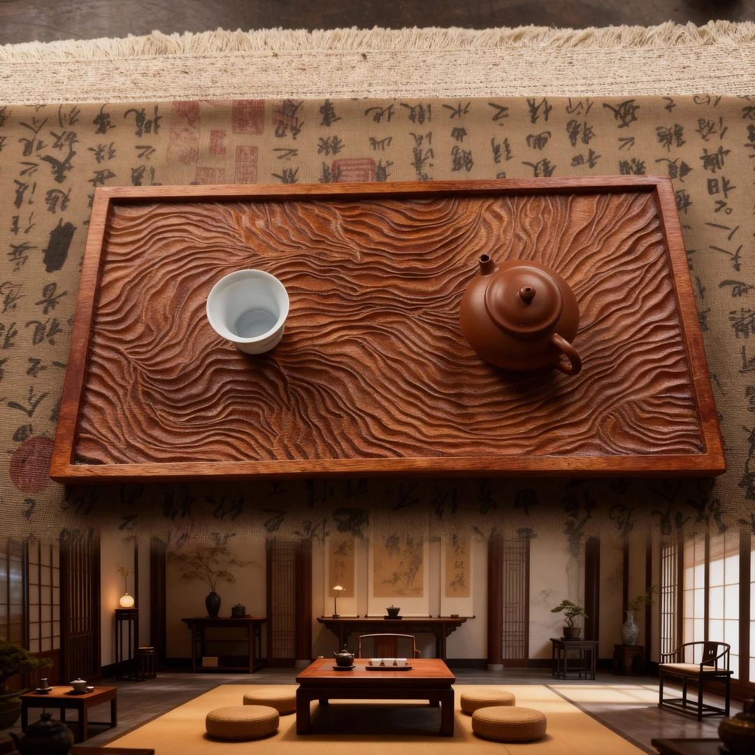 进口海棠木千里江山干泡茶盘原木原色手工雕刻围炉煮茶侘寂风托盘