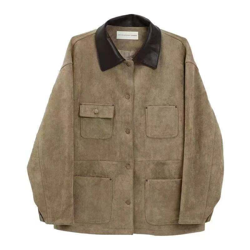 百搭潮流韩版麂皮拉链夹克翻领上衣女外套韩版短外套4224