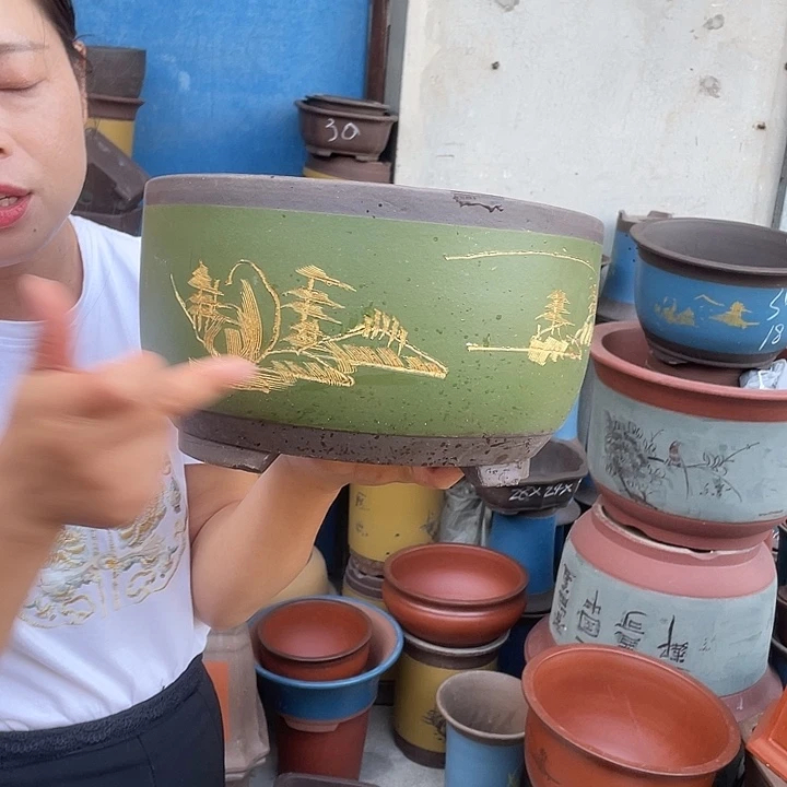 绿球盆描金大花盆紫砂花盆紫砂花盆