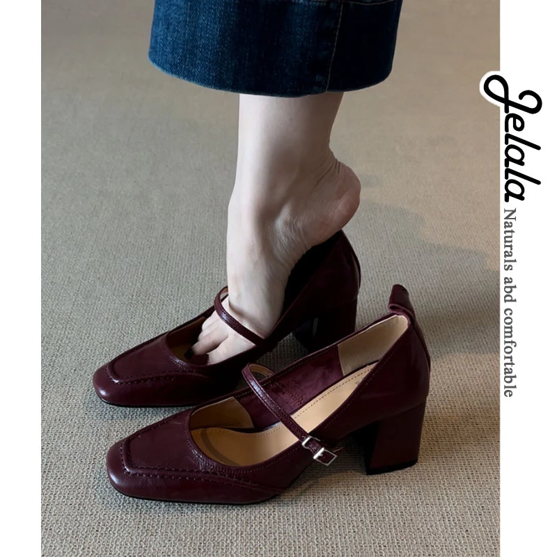 JELALA·头层羊皮法式时尚复古女初秋新款气质方头气质玛丽珍A149