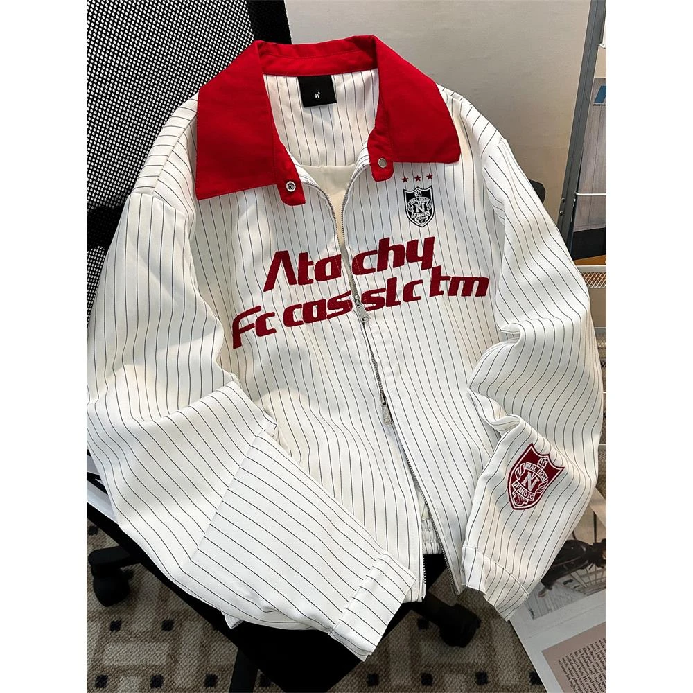 【TQUX官方正品】美式复古条纹棒球服情侣装春秋宽松INS超火红色