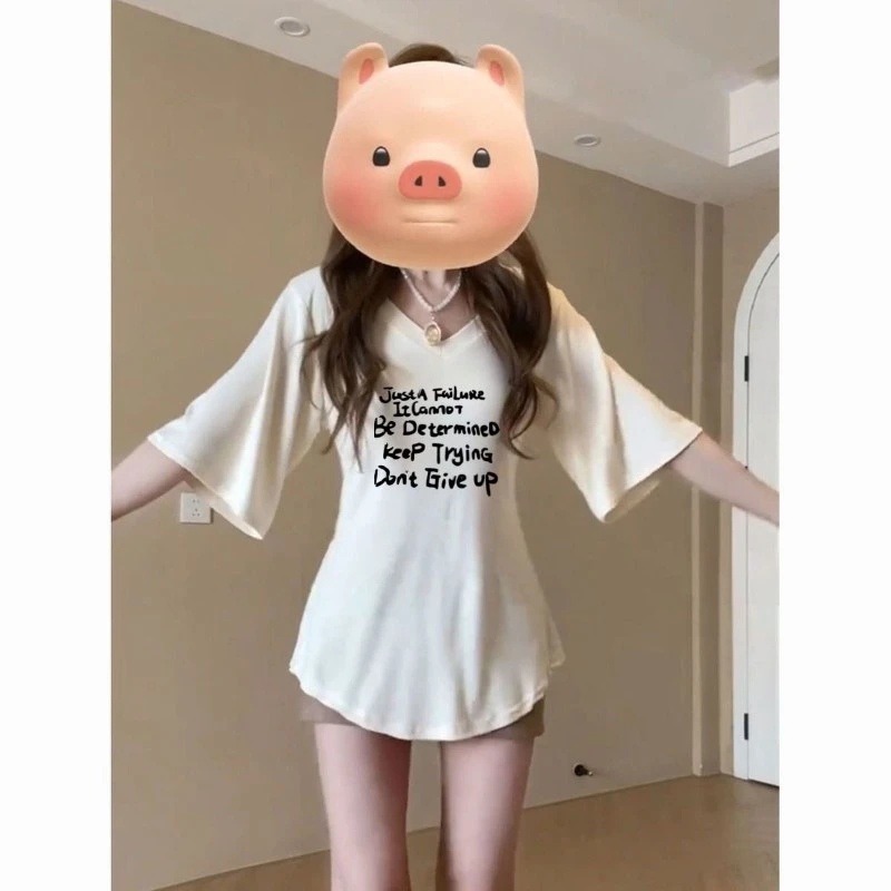 v领辣妹收腰五分袖白色短袖t恤女夏季显瘦宽松掐腰设计感纯欲mfv