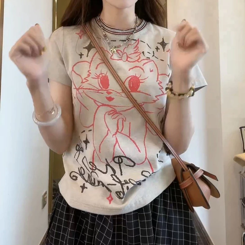 复古美式t恤2025夏季时尚百搭设计款卡通猫咪印花短袖