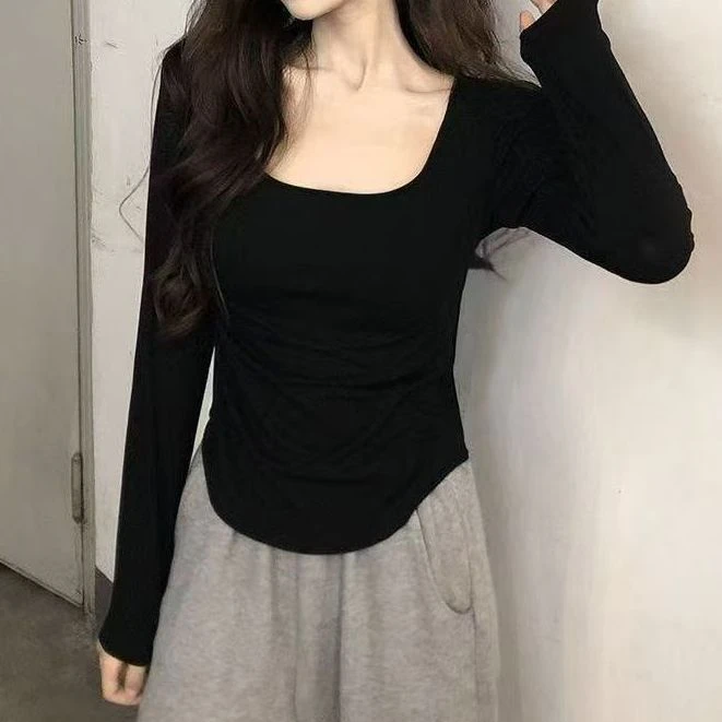 (三万)方领打底衫女内搭t恤大码胖mm显瘦纯欲风不规则上衣8830