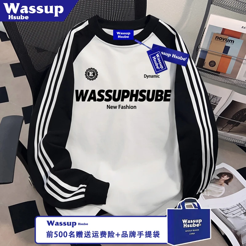 WASSUP HSUBE圆标字母印花上衣秋冬季男女T恤ins100%纯棉插肩长袖