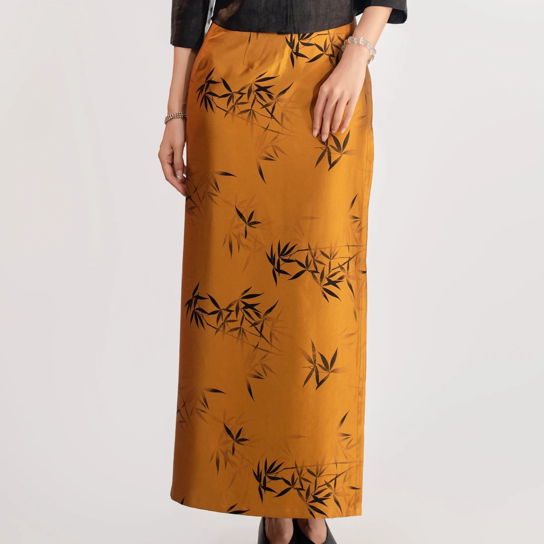 玉家人【金色竹叶裙】 满分真丝香云纱素绉缎 中国风长款百搭裙子