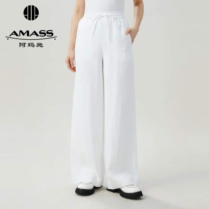 AMASS/阿玛施夏季松紧腰抽绳直筒裤宽松清凉亚麻长裤5100552新款