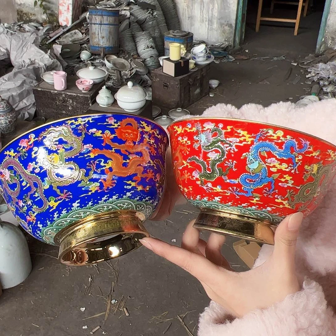 摆件陶景德镇陶瓷蓝龙加红龙碗2个