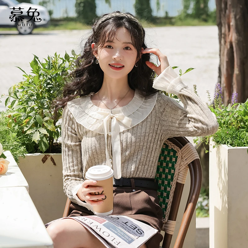 【正】慕兔法式气质花边领毛衣女2024秋别致高级感显瘦长袖针织上衣