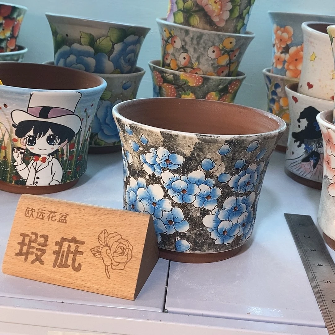 紫砂花盆红陶手绘花盆