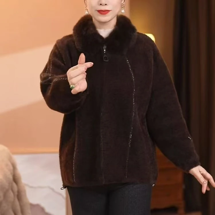 2025新款妈妈外套女中老年秋冬高贵上衣毛领洋气大码方领毛绒