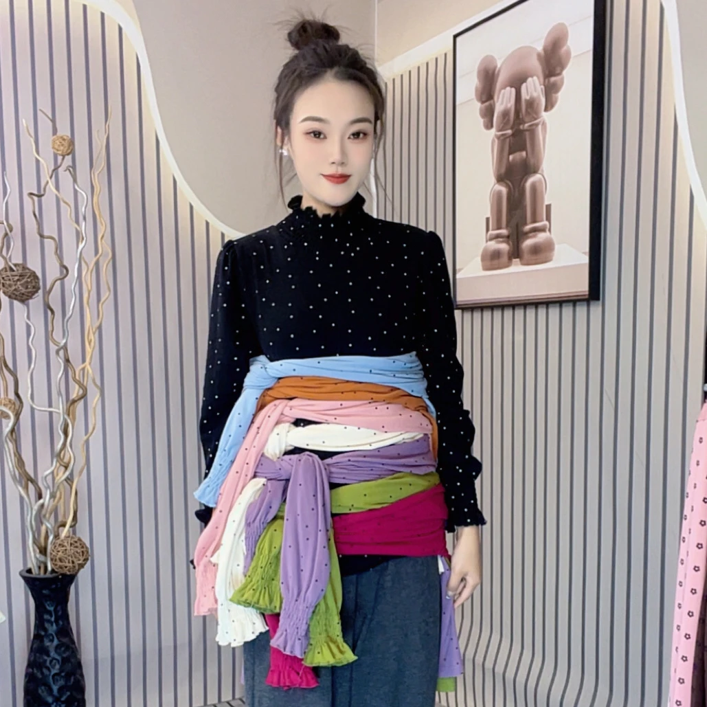 冬季木耳边波点高领双面磨毛宽松长袖打底T恤洋气百搭显瘦小衫女