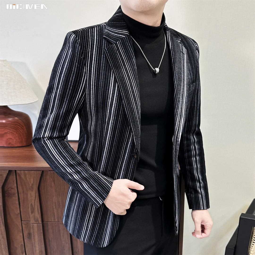 植绒条纹丝绒西装男韩版修身痞帅炸街单西商务宴会男士西服外套