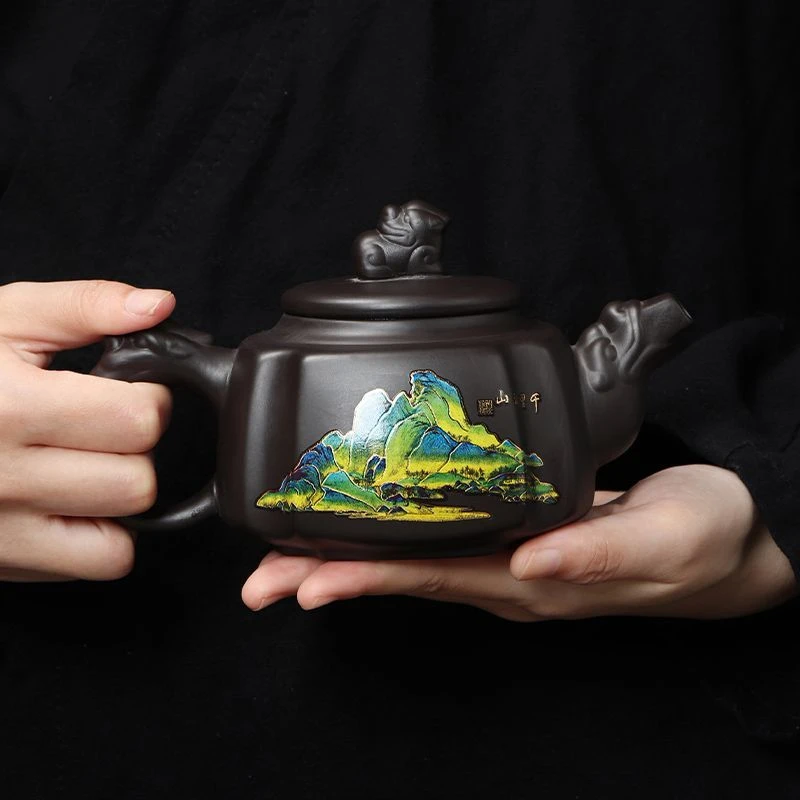 变色紫砂壶千里江山图家用高档四方壶办公室家用复古功夫茶具