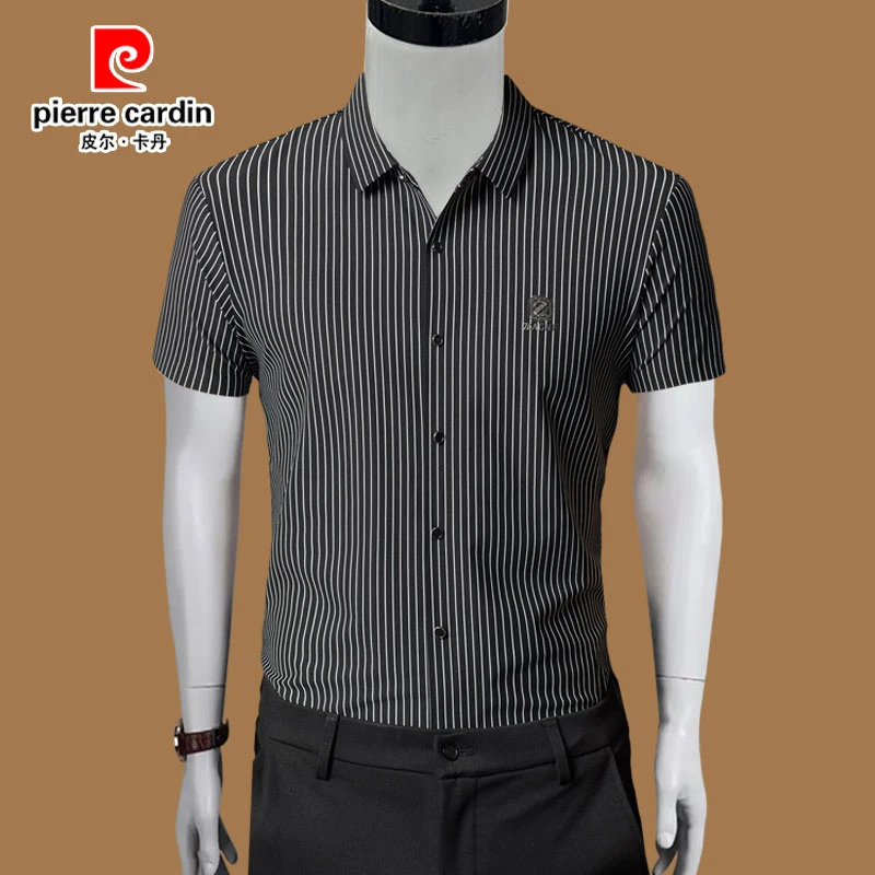 皮尔卡丹正品冰丝短袖衬衫男夏季薄款无痕弹力抗皱免烫高档衬衣男