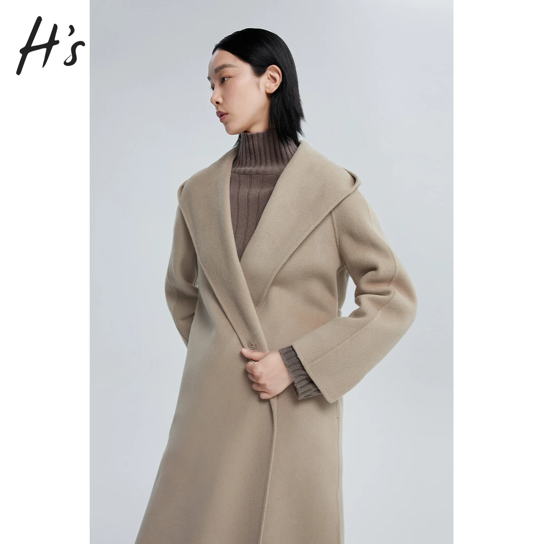 【季末钜惠】HS100%绵羊毛呢大衣女冬高级感腰带设计连帽双面呢外套