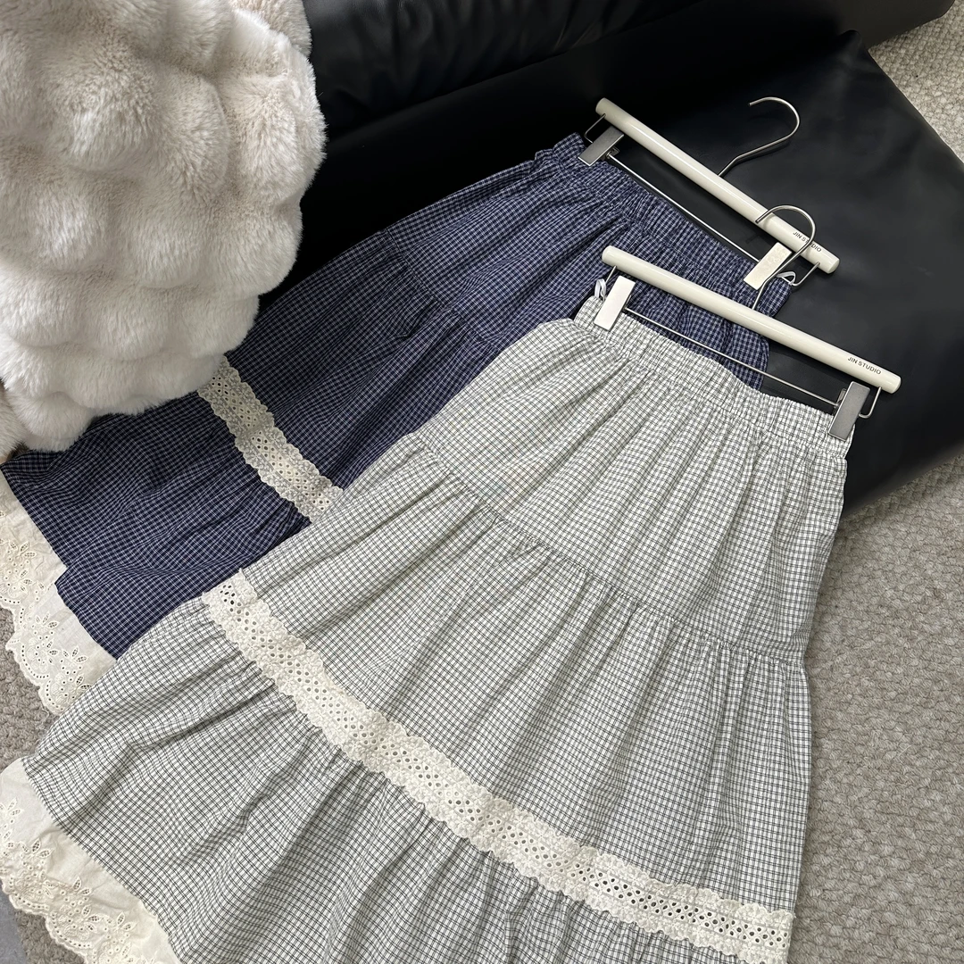 【锦衣鹊羽】6353春夏格子裙花边拼接款松紧腰