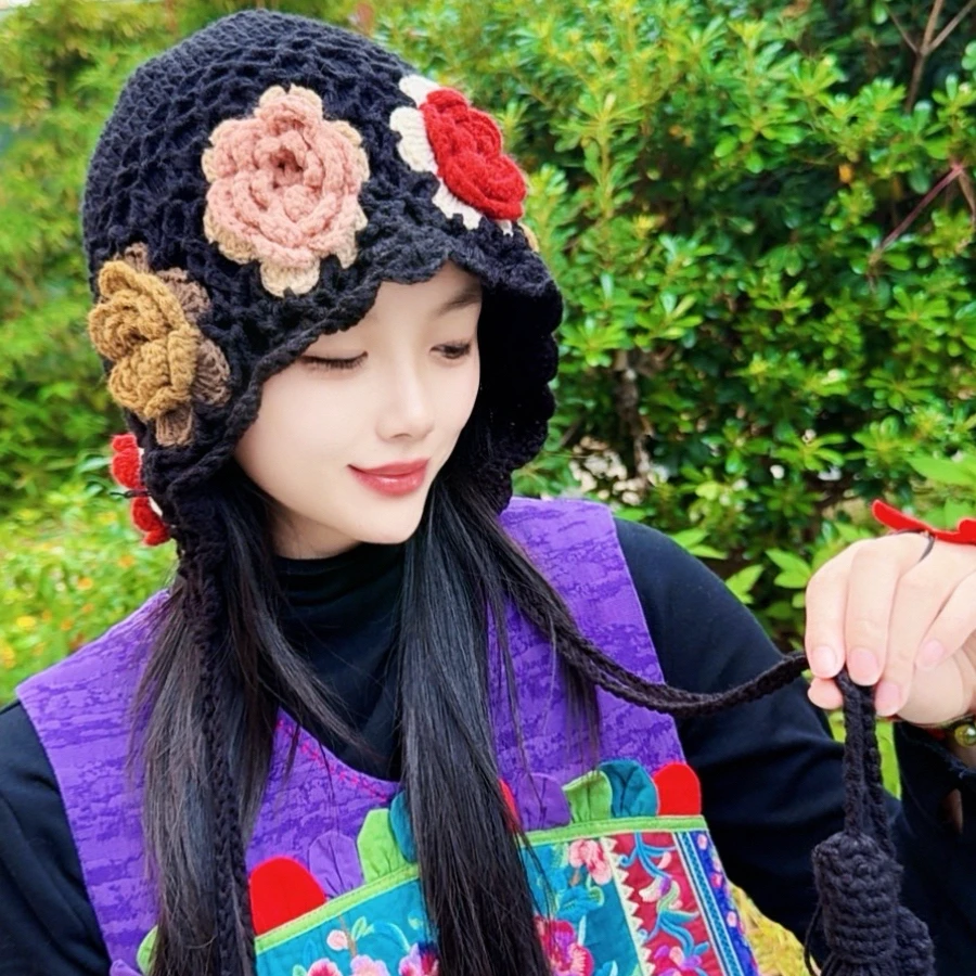 秋冬新款手工钩花七彩花朵流苏帽时尚毛线帽民族风双层钩织包头帽