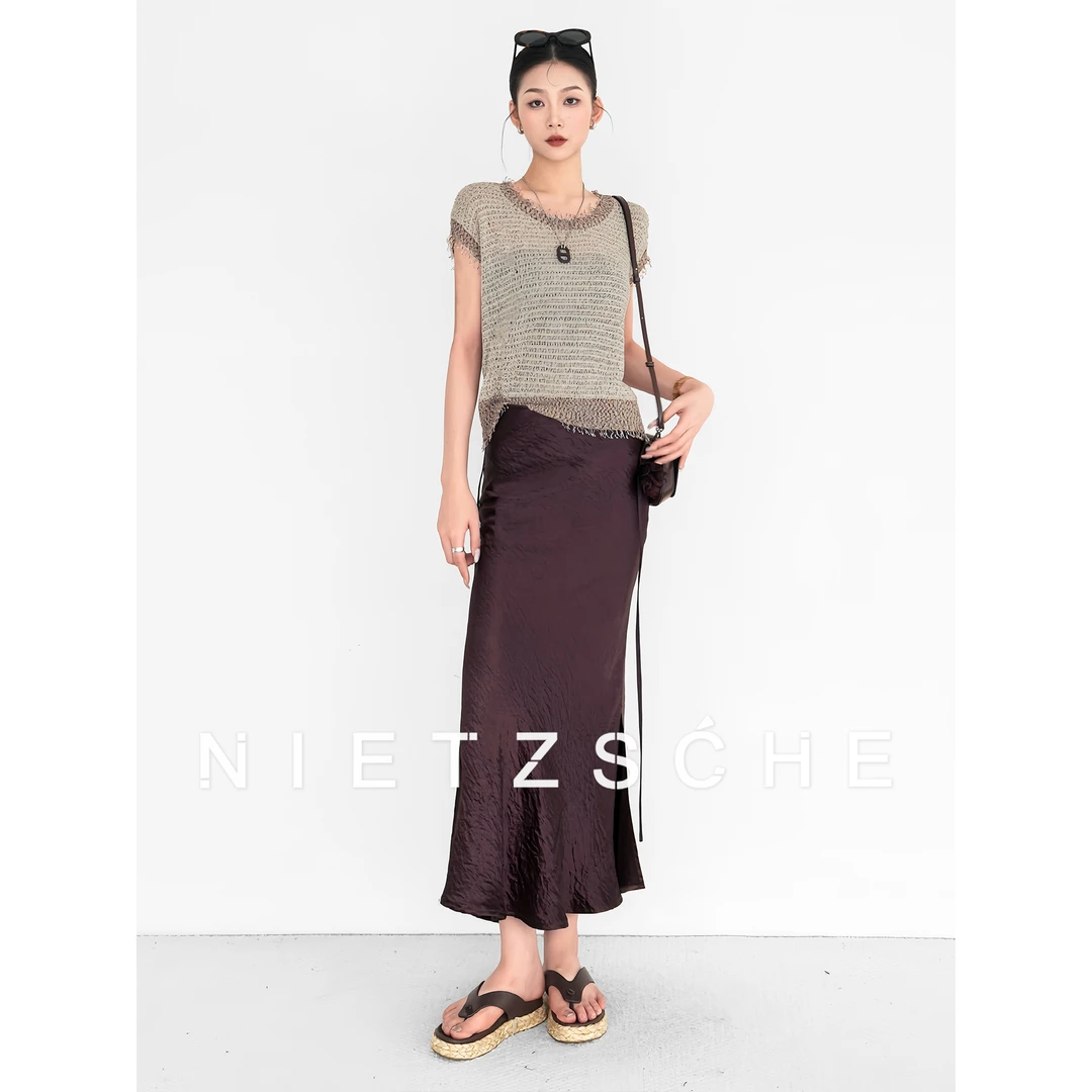 Nietzsche｜紫醋酸裙｜高级醋酸细腻柔滑侧开衩半身裙61808