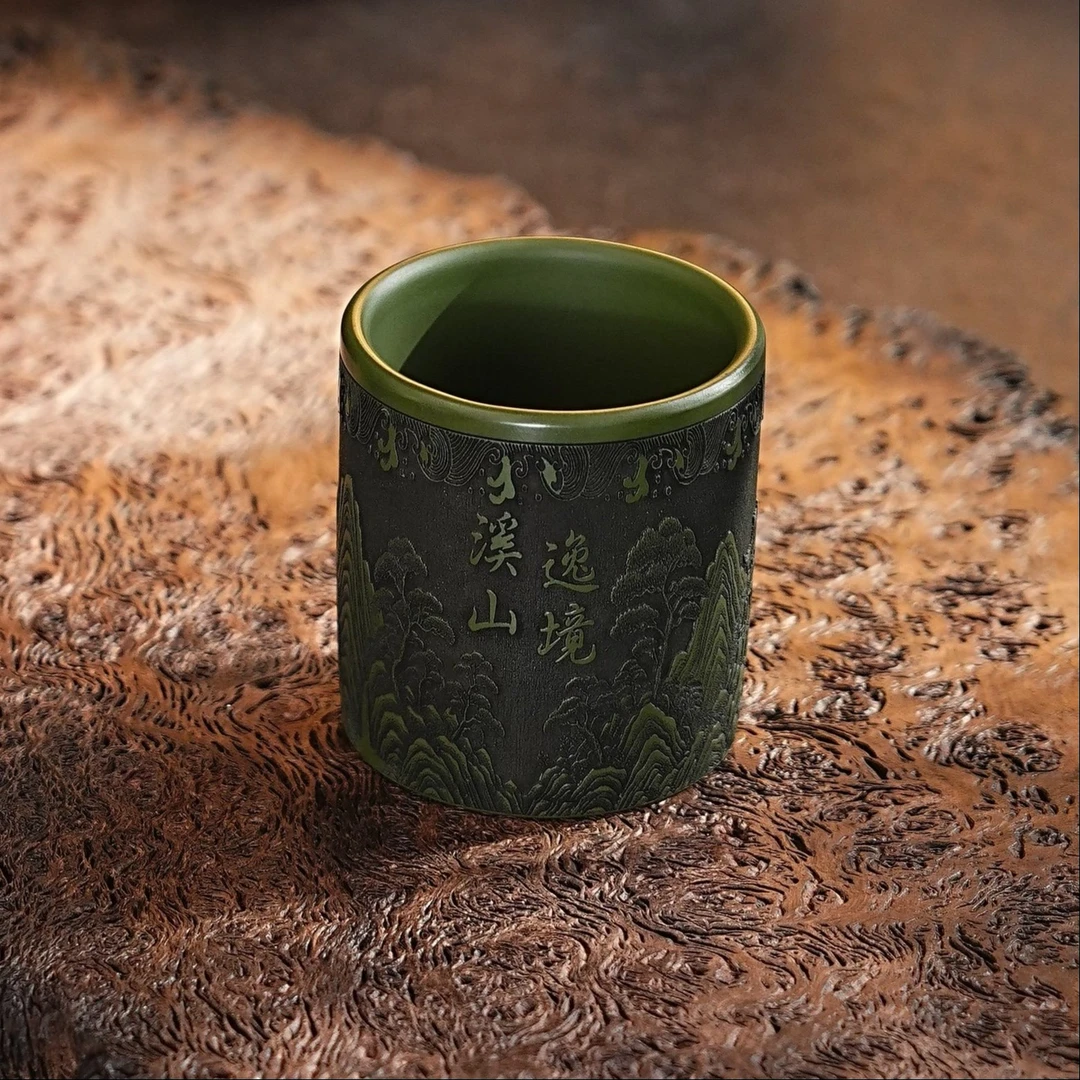 宜兴紫砂茶具 原矿绿泥泥料刻绘溪山逸境紫砂主人杯