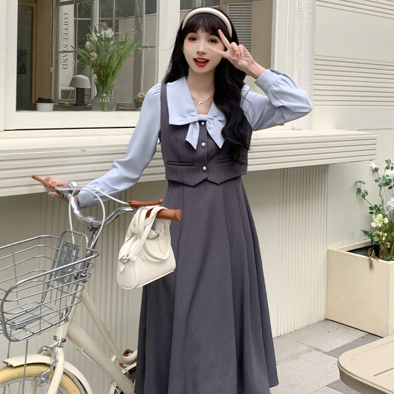 【万达百莱国际专柜撤柜】16634韩系学院风假三件衬衫马甲长裙套