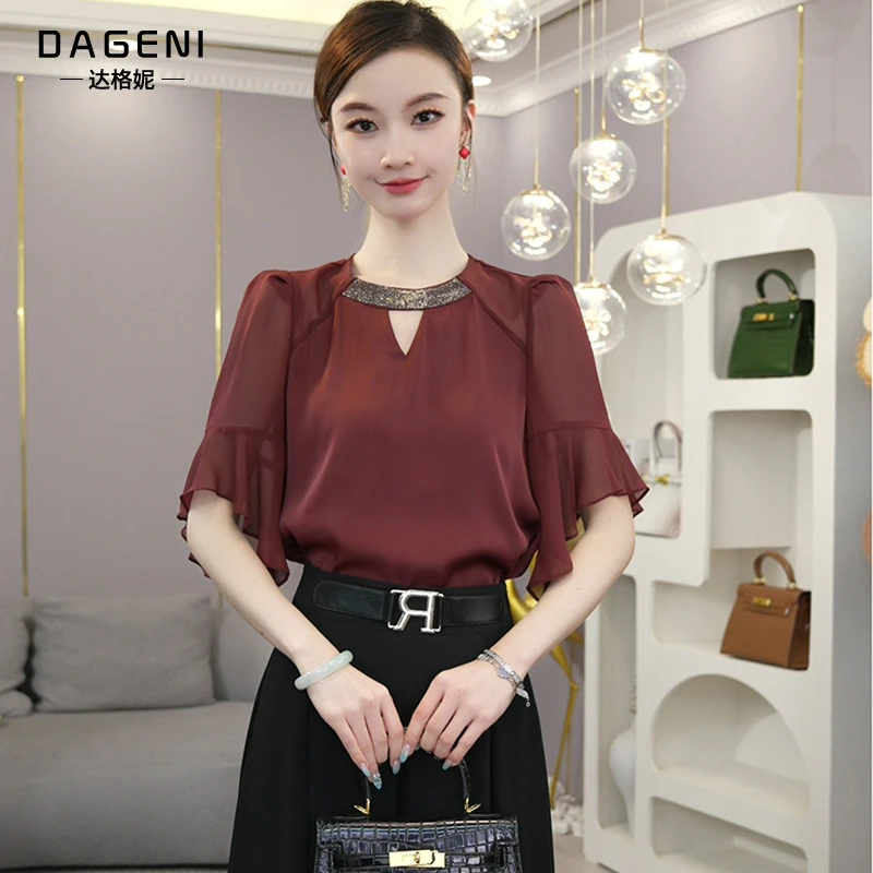 时尚轻奢喇叭袖雪纺小衫酒红色显白上衣女士2025夏季新款高档衬衣